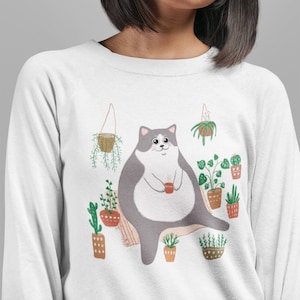 Grijze en witte kattensweater | Cat Mom Leuke en grappige trui | Wit Blauw Roze Trui met Kat en Planten | Herfst gezellige trui