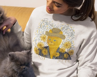 Sweat à Capuche Humour Chat Van Gogh - Motif Tournesols Et Chat Espiègle - Coupe Classique 241g - Cadeau Pour Amoureux Des Chats Et De L'art