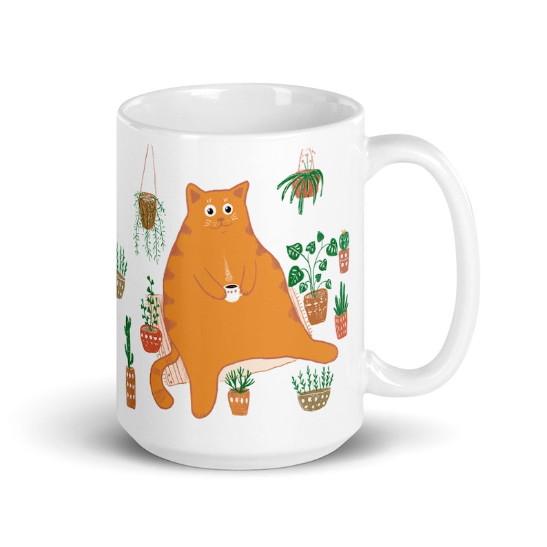Cute Orange Cat With Plants Coffee Mug Etsy