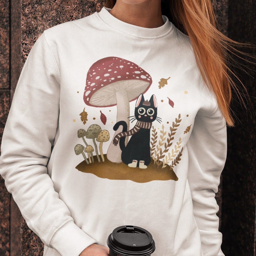 Cute Black Cat Sweatshirt With Mushrooms Cozy Sweatshirt for Her Etsy