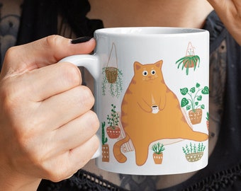 Orange Cat & Plants Coffee Mug: Funny Cat Mom Gift
