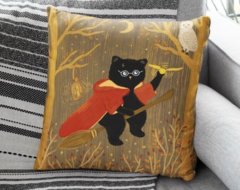 Magic Flying Black Cat Decorative Pillow