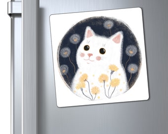 White Cat Magnet, Whimsical Dandelion Design, Cat Lover Gift