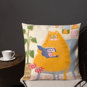 Drôle de chat orange avec un oreiller de livre