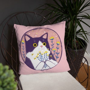 Purple Cat Throw Pillow | Cute Gift For Cat Mom | Decorative Pink Pillow Home Decor | Cat With Flowers Birthday Gift | Secret Santa Present