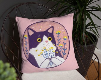 Purple Cat Throw Pillow | Cute Gift For Cat Mom | Decorative Pink Pillow Home Decor | Cat With Flowers Birthday Gift | Secret Santa Present