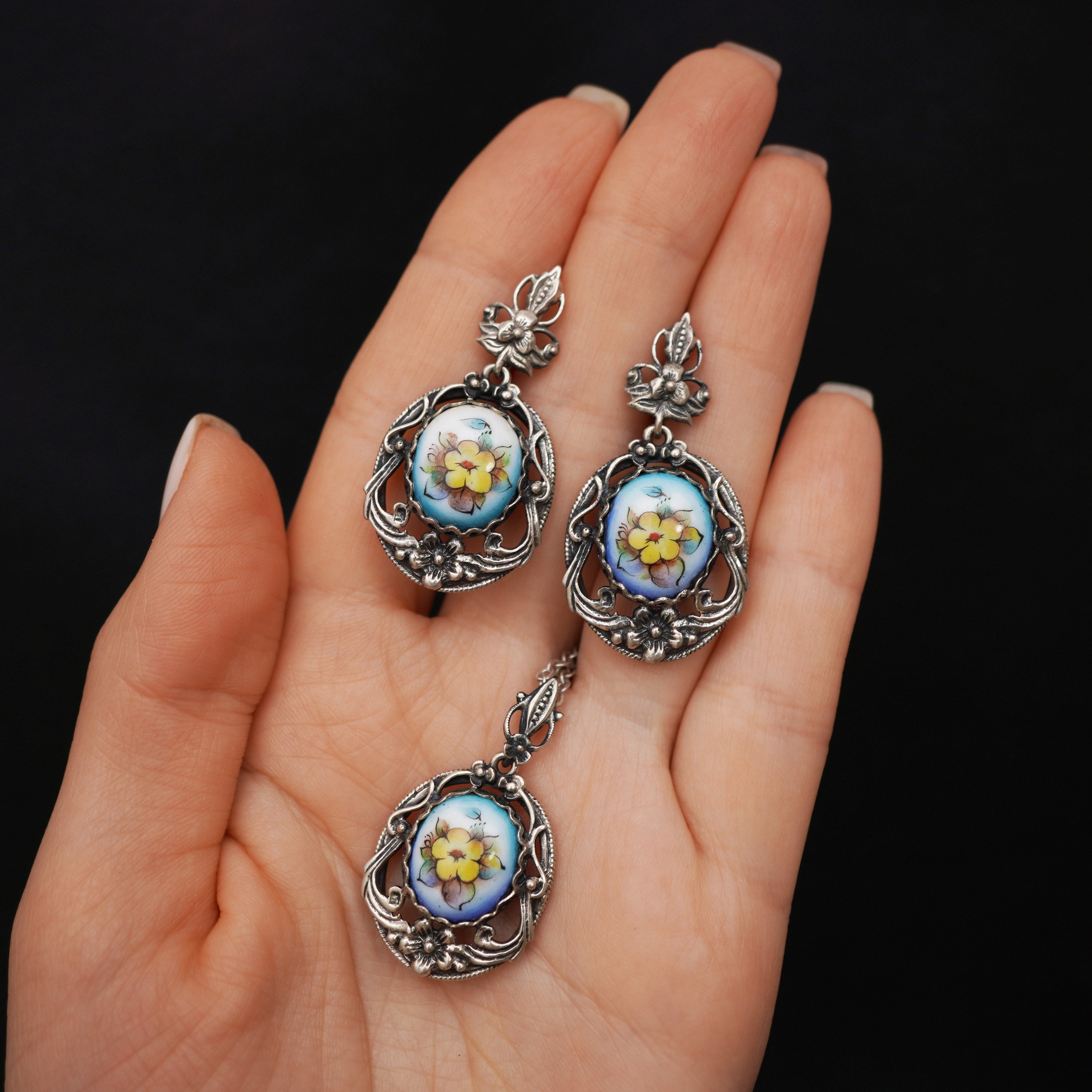 Vintage set jewelry Enamel earrings pendant silver Flower Etsy