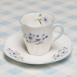 Vintage Demitasse Cup & Saucer Dainty Purple Flowers Fine Bone China SHELLEY ENGLAND Blue Rock Espresso Cappuccino Mocha Turkish Coffee Set