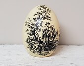 Vintage Ceramic Bisque Egg Ivory Color w Black Toile English Country Scene Curio Collectible Bookshelf Figurine Mantle Entry Table Accent