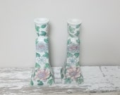 Vintage Bisque Porcelain Candlestick Pearlized White Asian Floral Chinoiserie Taper Holder Pastel Flower Pattern China Cabinet Dining Decor