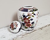 Vintage Japanese IMARI Ginger Jar Vase Urn Lid (6 quot H) White w Dark Red Pink Flowers with Alternating Patterned Panels Band and Mouth