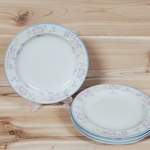 May include: Set of four floral patterned ceramic dinner plates. The plates have a white background with a blue, pink, and yellow floral design around the edge.