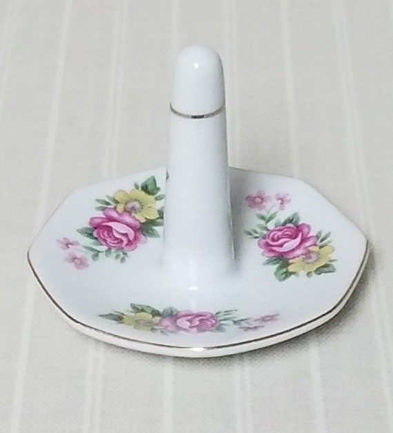 Vintage Ring Holder Ceramic Pink & Yellow Tea Rose Pattern w/Gilt Trim Jewelry Dish Storage Dressing Vanity Gift Heirloom Circa 1990s View 2