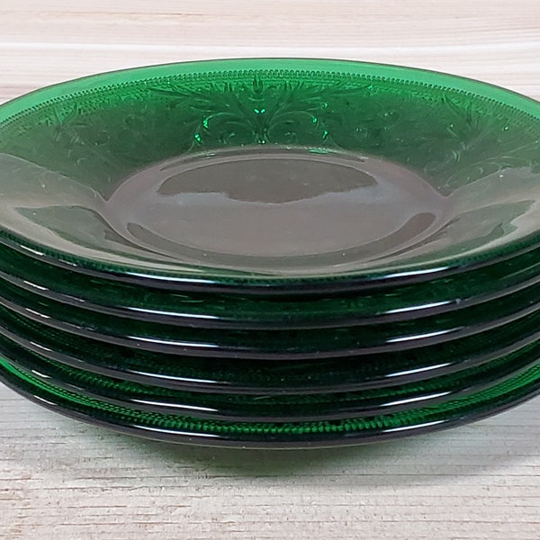 Vintage Saucers (Set of 6) 4.5" Plates/Custard Cup Liners Forest Green Sandwich Glass by Anchor Hocking Dark Green Depression/Pressed Glass