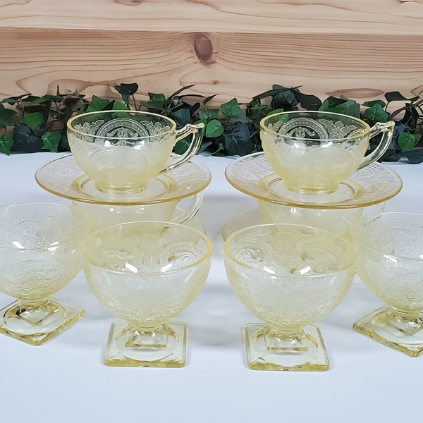Vintage Yellow Floral Depression Glass 3-Pc. Dessert Set (Cup, Plate, Sherbet); HORSESHOE #612 Pressed Pattern by Indiana Glass; c.1930-1933