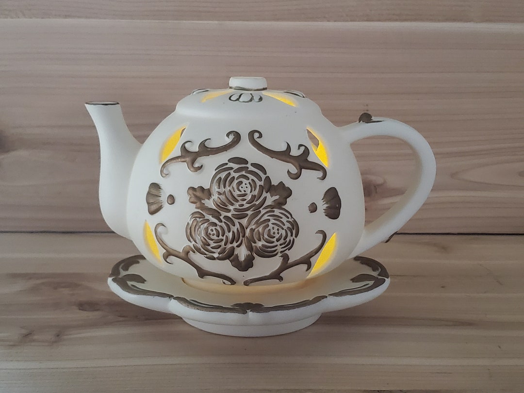 Vintage Partylite Candle Holder Ivory Bisque Teapot W/saucer Gold