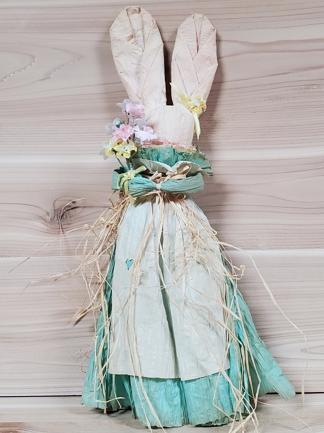 Vintage Easter Bunny Girl Corn Husk Rabbit in Turquoise Blue Dress