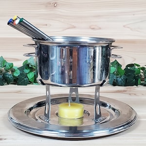 Vintage Fondue 3-Pc. Set ~ Pot, Stand, 6 Color Coded Skewers ~ Tramontina Brasil (Brazil) INOX 15/20; Stainless Steel Restaurant Style