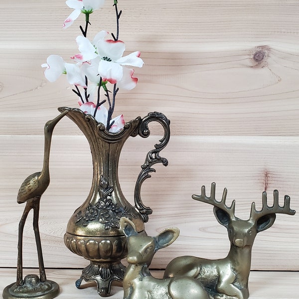 Vintage Brass Figurines (Your Choice) Crane/Heron Bird, Victorian Pitcher, Deer Pair (Buck & Doe), Mantel, Fireplace, Entryway, Bookshelf