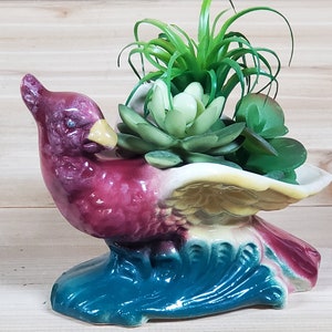 Vintage Bird Figural Planter; Red & Yellow Feathers on Green Base; Open Back for Green Plant/Potted Flower; Mid-Century Sunroom Windowsill