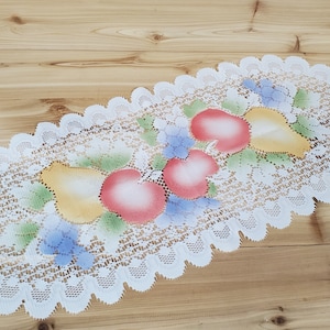 Vintage Table Runner (Oblong 30 x 13) White Lace Filet Crotchet Style Painted Fruit Machine Made ; Blues, Greens, Yellows, Reds Summer Table