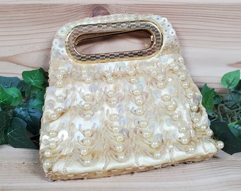 Vintage Gold Satin Evening Handbag w/Pearls, Sequins & Beadwork; Single Interior Pocket, Hand Grip Handle Closure; Hand Made in Hong Kong