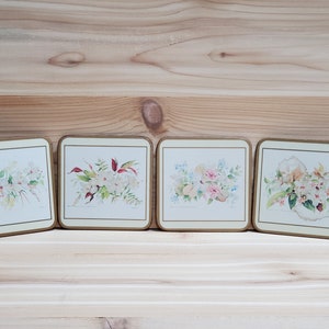 Vintage BERMUDA COLLECTION Square Cork Backed Coasters (Set of 4) Tropical Island Blossoms & Foliage of Bermuda Made in England by Pimpernel