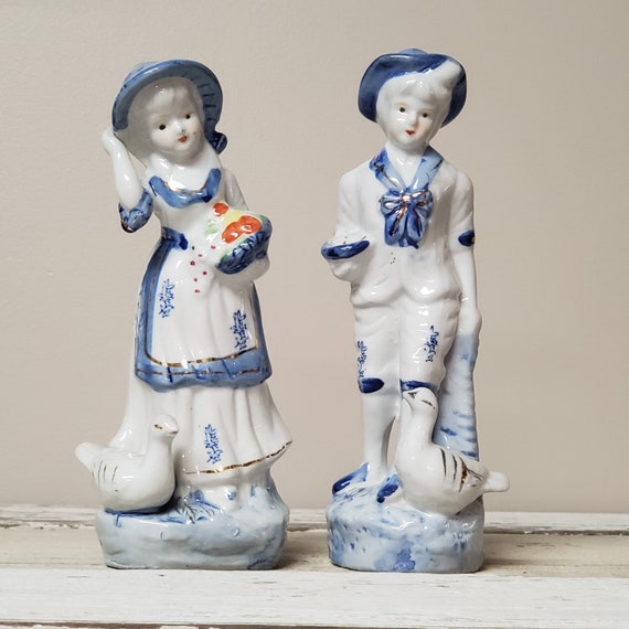 Vintage Blue Dutch Farm Boy & Girl Figurines Porcelain China Dutch