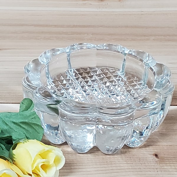 Vintage Glass Flower Trinket Dish, Thick & Heavy, Scalloped Edge, Diamond Cut Center, Antique French Molded Glass Furniture Coaster Riser