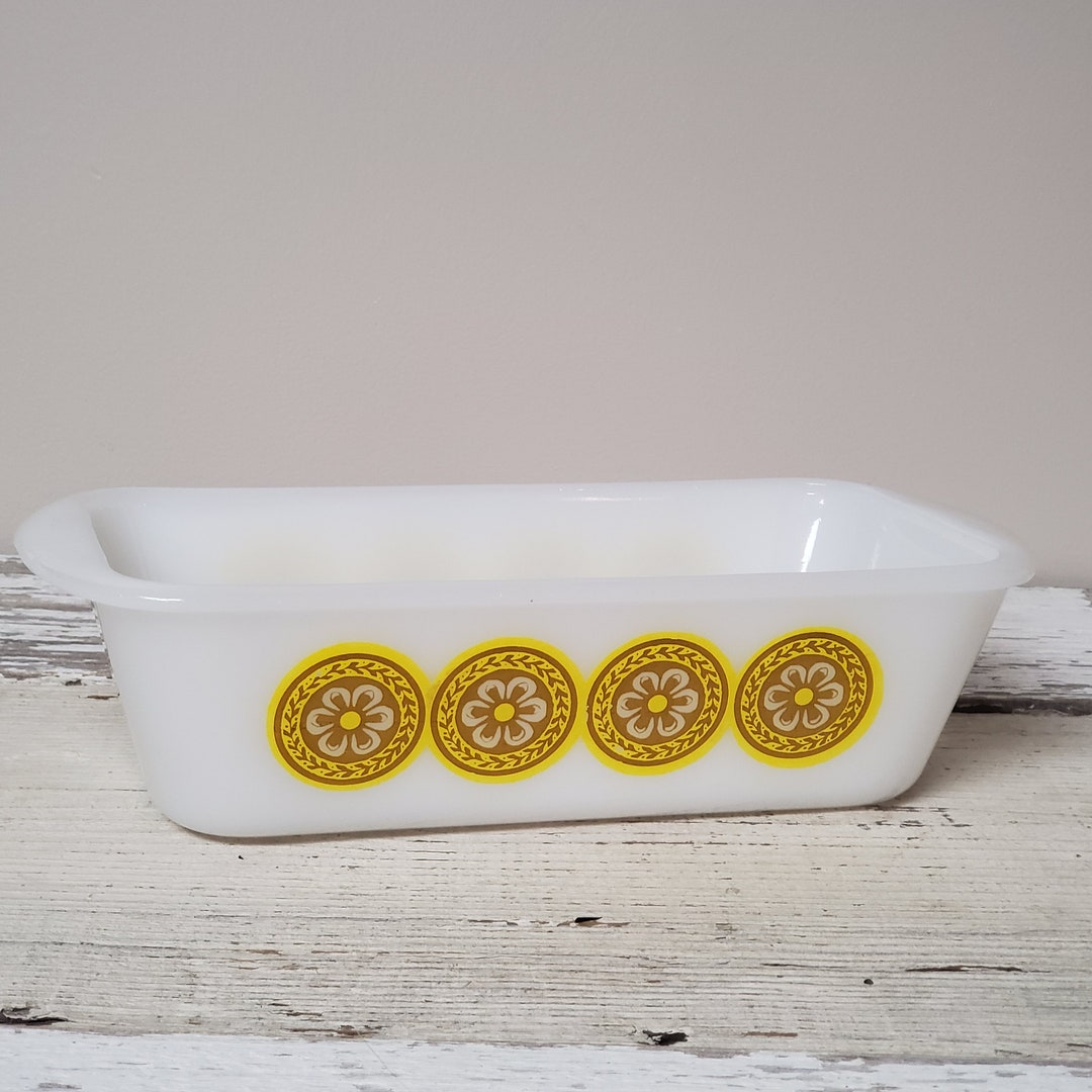 Vintage GLASBAKE Loaf Pan Milk Glass Baking Dish Gold Flower Medallions