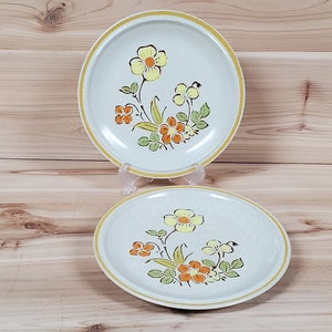 Vintage Side/Dessert/Pie Plates (Set of 2) SUNSHINE FLOWERS Hearthside Garden Festival Stoneware, Orange & Yellow Gold Band, Replacements