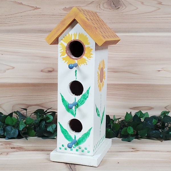 Vintage Decorative 3-Hole Birdhouse; Brightly Painted Yellow Sunflowers, Blue Perches, Yellow Gold/Brown Checkered Roof; Spring Summer Décor