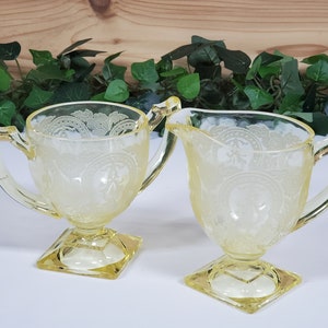 Vintage Yellow Depression Glass Footed Creamer & Open Sugar, HORSESHOE #612 by Indiana Glass; Trophy Style Shape, Square Base; c.1930-1933