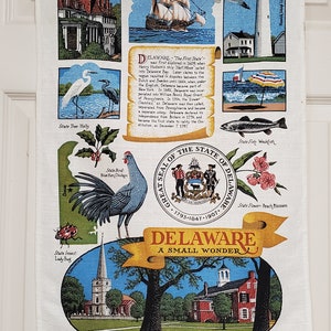 Vintage Delaware State Dish or Tea Towel, &quot;The First State&quot; History, State Seal, Symbols, Nickname, Bright Vivid Colors, Kitchen Wall Décor