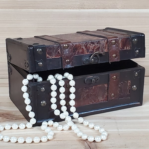 Vintage Trunk Style Treasure Box; Faux Leather & Wood, Brass Swing Latch Hardware, Treasure Chest, Secret Stash Box, Unique Planter Box