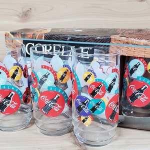 Vintage 1995 Coca-Cola Glass Tumblers by Corelle (Set of 6) &quot;Always Coca-Cola&quot; on Various Colorful Advertising Buttons, Occasion Drinkware