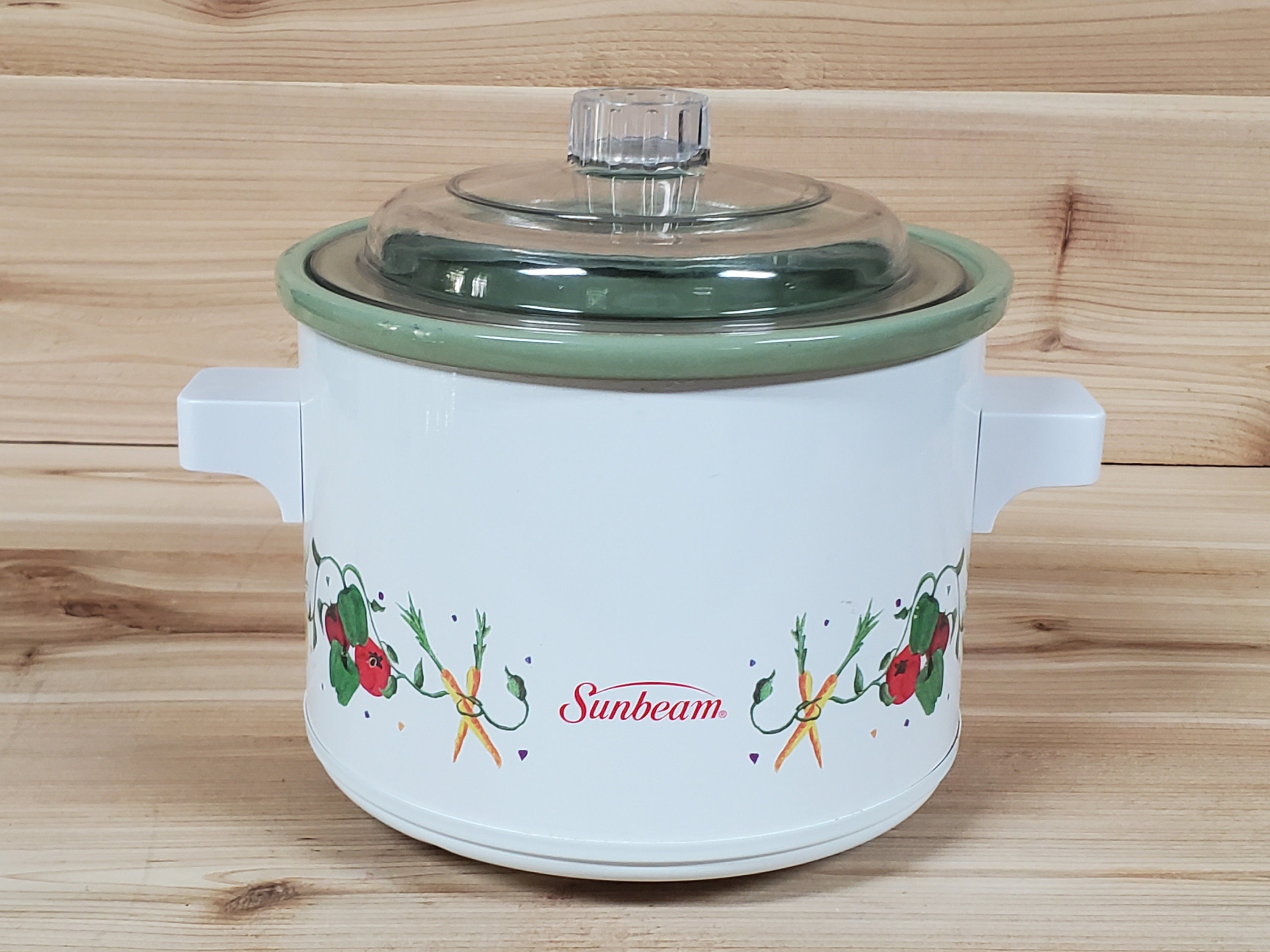 Vintage 1.5 Qt Crock Pot Slow Cooker w/Power Plug by Sunbeam; White w/Green  Line, Vegetable Band Around Base; 60 Watts 120V Small Crockpot