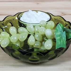 Vintage Avocado Green Depression Glass Chip & Dip Bowl, Bartlett Collins St. Genevieve Pattern, Bull&#39;s Eye, Thumbprint, Cane Design, 1960s