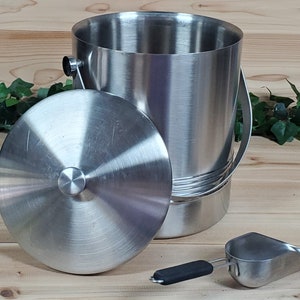 Vintage Brushed Stainless Steel Cylinder Ice Bucket w/ Knob Lid & Handle; BONUS Rubber-Handled Metal Scoop; Retro Mid Century Man Cave Bar