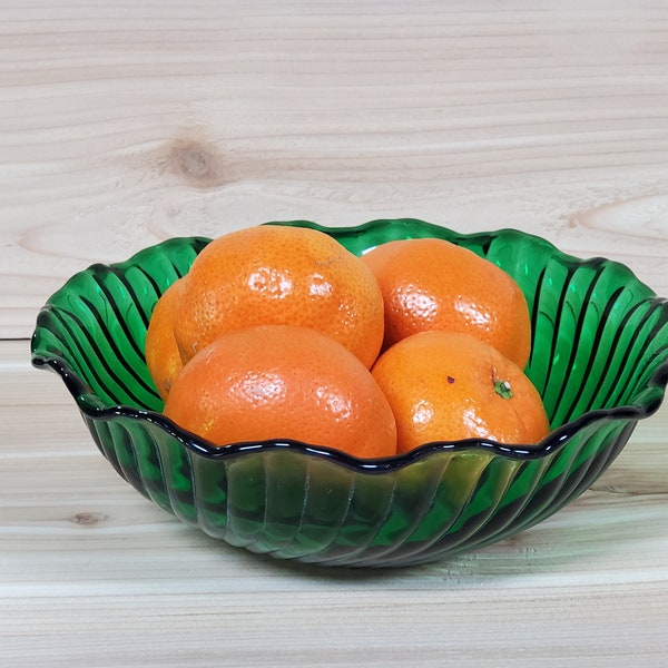 Vintage Emerald Green Swirled Ruffled Glass Bowl by Anchor Hocking Fluted Rim Candy Dish, Fruit Bowl Collectible Pressed DepressionGlass