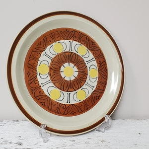 Vintage Dinner Plate Sunburst by Topaz Stoneware Replacement/Decorative Use Retro Rust, Yellow & Black Concentric Circles Thin Black Scroll