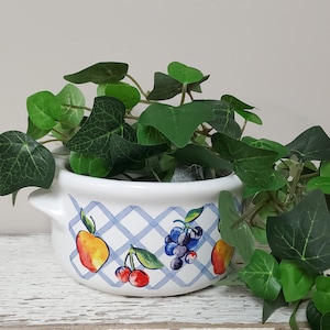 Vintage Ceramic Soup Crocks w/Lids (Set of 2) &quot;Fruit Too&quot; by Correlle Jay Imports White w/Blue Lattice & Fruit Bowl for Beans, Soup, Chowder