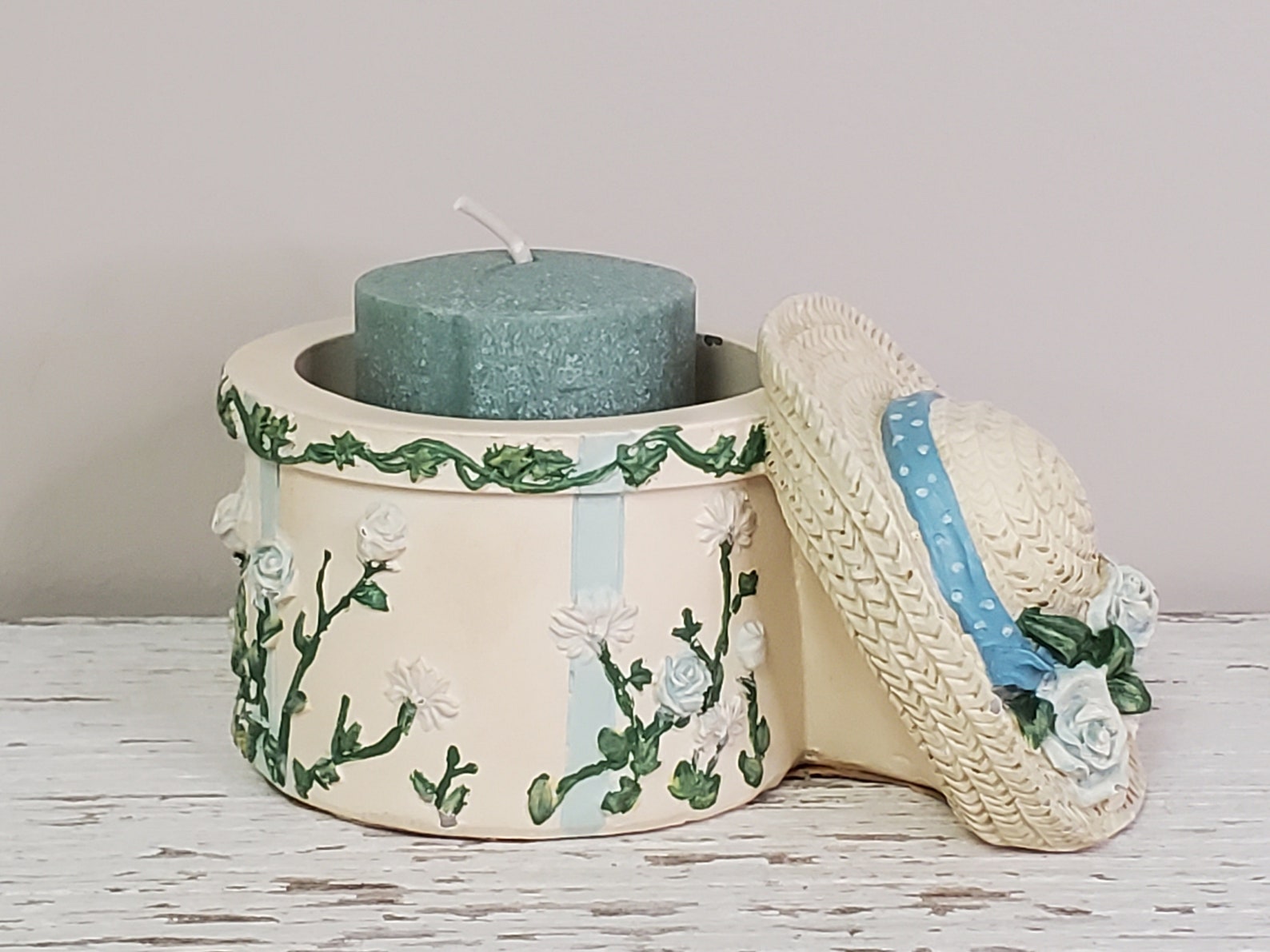 Vintage Candle Holder VOTIVE Straw Hat W/box Blue Ribbon Etsy