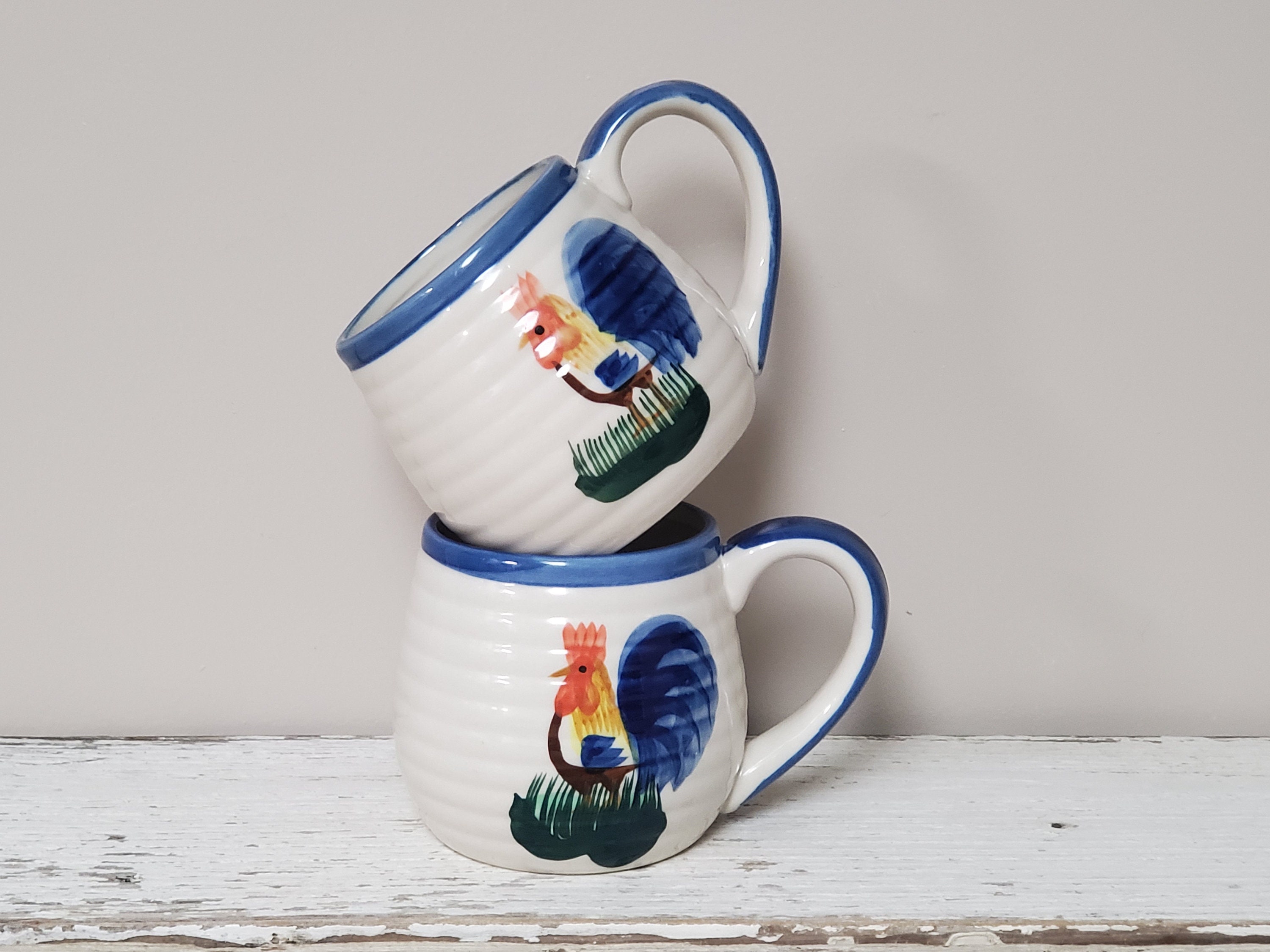Vintage Blue Rooster Mugs set of 2 Stoneware by ALCO Etsy