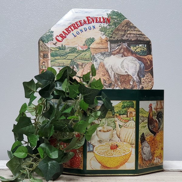 Vintage Decorative 8-Sided Tin Box (Octagonal) 8 Different Country Cottage Farm Scene Panels w/Green Border by Crabtree & Evelyn LONDON