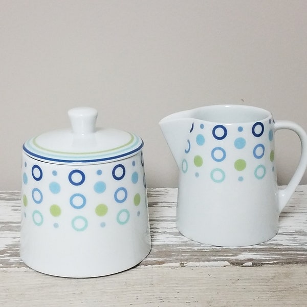 Vintage Ceramic Sugar Bowl w/Lid + Cream Pitcher  STUDIO NOVA  "Top Circles" Blue Green Stripes/Dots Dining Table Set Coffee/Tea Service