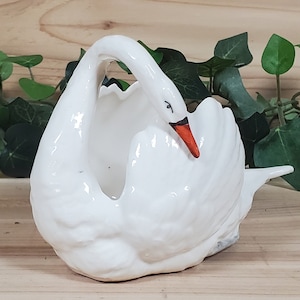 Vintage Swan Trinket Figurine; Glossy White Porcelain w/Open Back, Orange Beak, Black Accents, Gray Feet; Made in Czech Slovenia, c.1930s