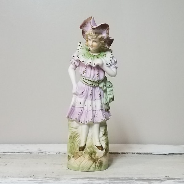Vintage PAULUX Japan Ceramic Bisque Victorian Girl in Purple Dress Statue Bookshelf/Mantel Decor Hutch Display Curio Cabinet Collectible
