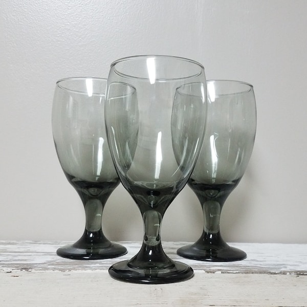 Vintage Water Goblets/Wine Glasses (Set of 3) TEARDROP GRAY by Libbey; Smoke Gray Stemware Tea Glasses, Dining Décor, China Cabinet Hutch