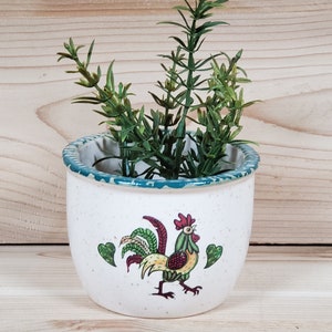 Vintage Rooster Crock Tabletop Planters by Heritage Pottery; Brightly Colored Crowing, Strutting Roo w/Green Sponge Painted Wide Border